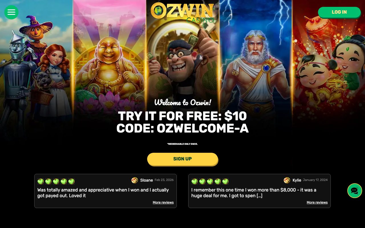 Ozwin Casino homepage screenshot