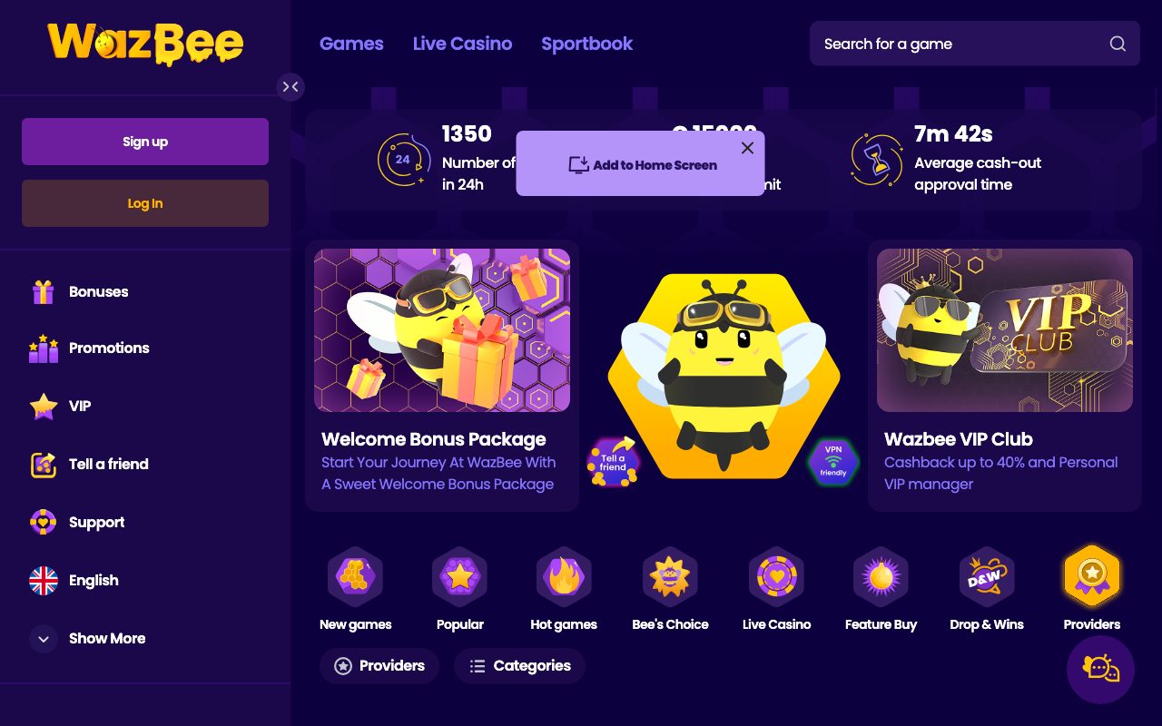 Wazbee Casino homepage screenshot